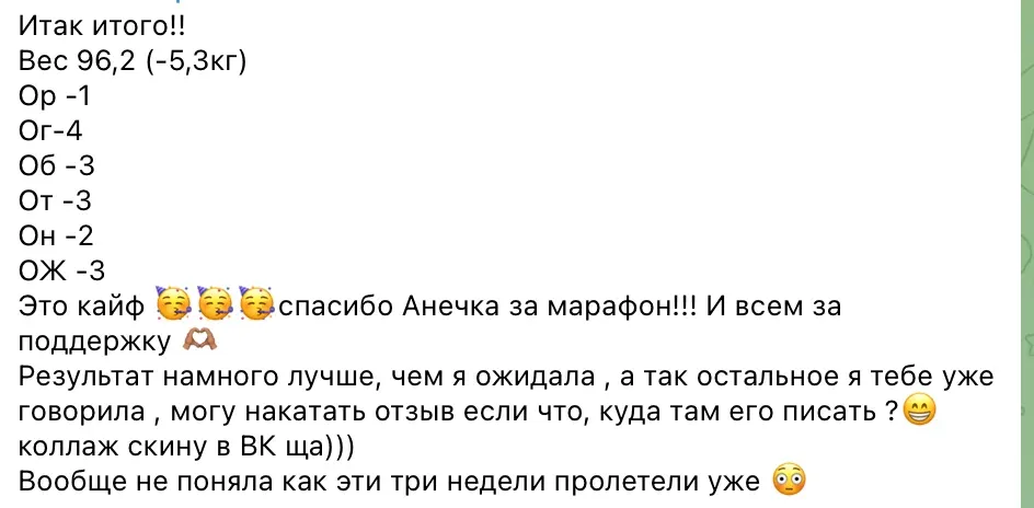 Отзыв Ангелины после первых трёх недель: минус 5,3 кг и 16 см по замерам